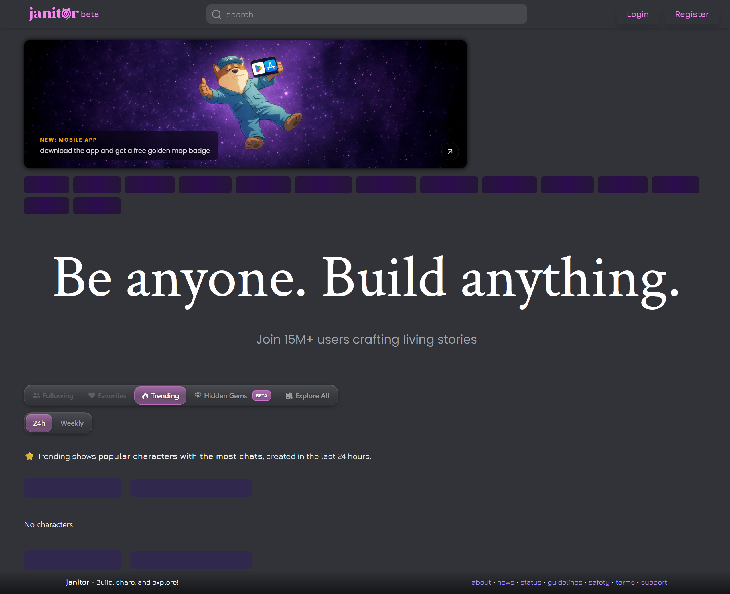 Janitor AI platform interface showing character selection and chat